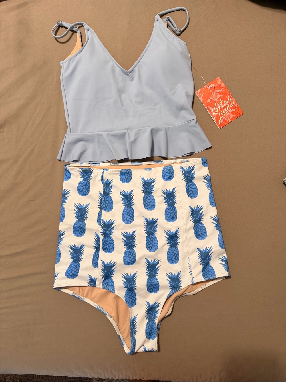 Light Blue Peplum Tankini Top with Blue Pineapple High Waist Bottoms kortni Jean